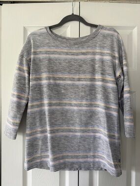 t by Talbots Striped Gray Knit Top with Pastel Accents